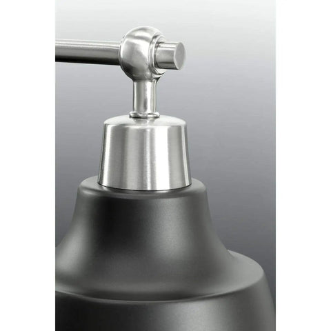 Close-up of Bramlett Brushed Nickel Two Light Bath And Vanity Fixture With Matte Black Shades And Back Plate, Vintage Industrial Style Lighting