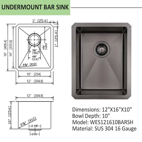 Undermount 14 Inch Bar Sink Black Stainless Steel Single Bowl 16 Gauge Dope Durable Wet Bar Prep RV Camper Outdoor Kitchen Sink With Bottom Grid And Drain, showing sink dimensions and material.