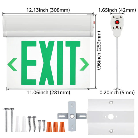 Green LED Edge Lit Emergency Exit Sign With Battery Backup No Fuss UL 924 Double Sided Rotating Acrylic Panel dimensions and parts