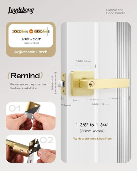 3 Pack Gold Entry Door Levers With Different Keys, Built Tough Heavy Duty Door Lock Set, adjustable latch detail, satin brass.