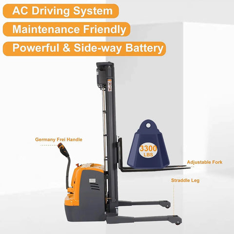 Straight Up Powerhouse Full Electric Walkie Pallet Stacker With Rock Solid Straddle Legs For Smooth 220 Inch Lift Height And Zero Sweat 3300 Pound Capacity Load Handling shown with AC driving system and adjustable fork.