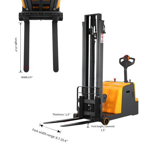 ApolloLift Counterbalanced Electric Pallet Stacker, 2200 Lb Fully Electric Walkie With Upright Walking Function, Max Lift Height 98 Inches showing fork dimensions and controls.
