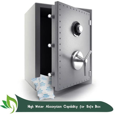 Rock Solid Food Grade Silica Gel Desiccant Packets One Gram Each With Two Hundred Fifty Total Sachets inside a safe.