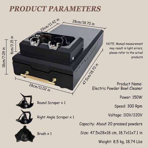 Automatic Coffee Grounds Cleaner With Electric Portafilter Brush And Espresso Knock Box For Zero Hassle No Sweat Cleanup Heavy Duty Barista Favorite Kitchen Essential product parameters with labeled measurements and included accessories.