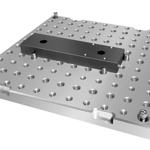 Badass Anodized 6061 Aluminum Fixture Plate 12X12X0.8 Inch CNC Machining Workholding Jig with aligned holes and mounting set.