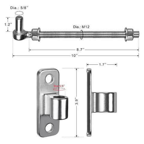 Stainless Steel Gate Hinge Heavy Duty Outdoor Attachment With Eye Plate, 10 Inch size, detailed measurements diagram