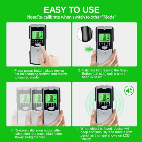 Heavy Duty Stud Finder Wall Scanner With 5 In 1 Smart Sensor, LCD display showing usage instructions for easy operation.
