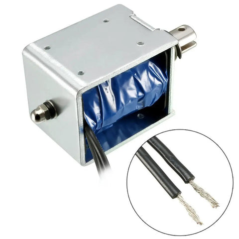 DC 12V 60N Push Pull Open Frame Solenoid Electromagnet With 10mm Stroke For Smooth Linear Motion, Spring Return, Low Power Draw, Low Heat, Beefy Rock Solid Actuator For Automation Doors Latching And Robotic Projects. Open-frame metal solenoid with two wires