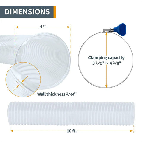 4 Inch By 10 Foot Pro Grade Flexible PVC Dust Collection Hose dimensions and clamp details with 4 in diameter and 10 ft length