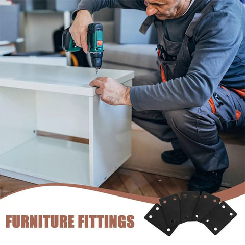 Man using drill with Six Pack Stainless Steel Flat Joining Plates for wood furniture assembly, stable support mending plates shown