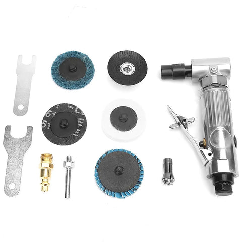No Nonsense Heavy Duty Right Angle Pneumatic Die Grinder Spinning At 20000 Rpm With Two Inch Disc Mount and accessory tools.