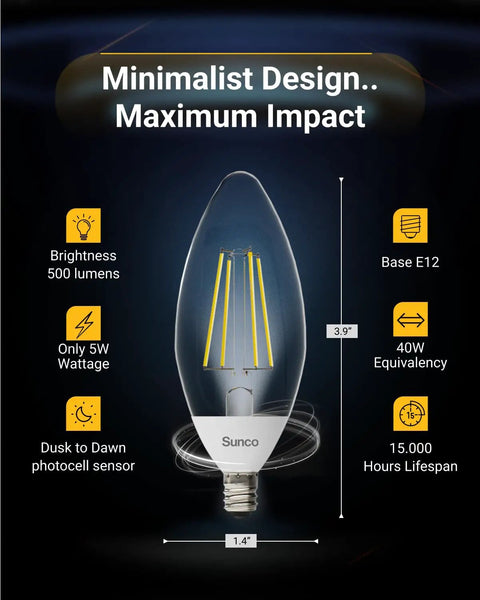 Diagram of Six Pack Dusk To Dawn LED B11 Filament Candelabra Bulb for Outdoor Porch Lighting with labels for brightness, wattage, base, lifespan.