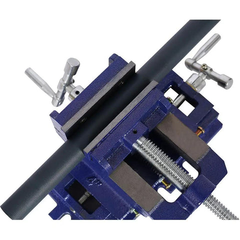 Top view of 4 Inch X Y Cross Slide Drill Press Vise With Heavy Duty Steel Construction, showing serrated jaws and lead screws.