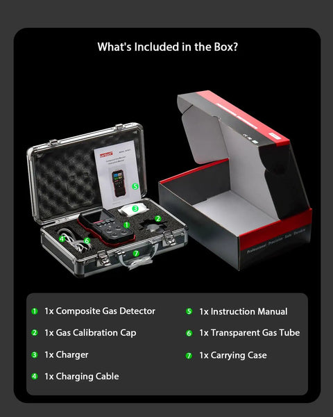 Packaging contents of Four In One Gas Leak Detector With Multi Gas Alarm For Home And RV, includes device, charger, cable, instruction manual.
