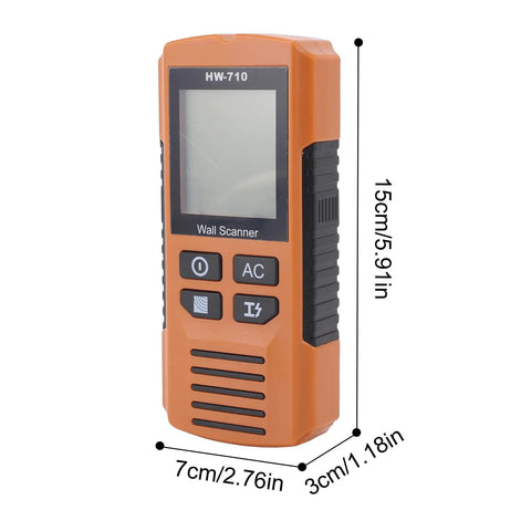 Hyuduo 5 in 1 Wall Scanner Stud Finder, LCD display, shown in orange, compact size 15cm x 7cm, precise wall detection device.