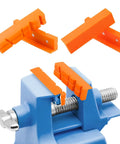 Heavy Duty 4 Inch Vise Jaw Pads With Magnetic Soft Jaw Covers For Bench Vise Replacement on blue vice, showcasing orange rubber pads.