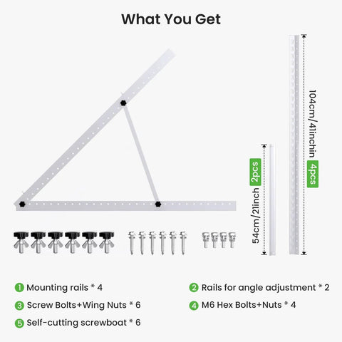 41 Inch Adjustable Solar Panel Mount Brackets With Foldable Tilt Legs Aluminum Roof RV Boat Mounting Stand For 100W To 400W Panels Easy Install All Weather Off Grid Ready 2 Pack showing components and dimensions