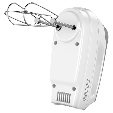 Side view of MX3000W 250 Watt Hand Mixer With 6 Speeds Pro Attachments, featuring 2 wire beaters on a compact white body.