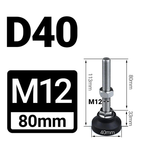 Adjustable Leveling Feet For Furniture With 40mm Diameter, Height Adjustable From 30 To 150mm, M5 To M12 Thread Compatibility, Nylon And Stainless Steel Base, No Tool Needed Setup, Reduces Wobble And Protects Floors, D40 M12 threaded foot shown with 80mm stem