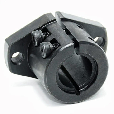 Beefy Heavy Duty Carbon Steel Bracket Guide Shaft Supports with flanged slit strut clamps, 35 mm bore, black oxide finish