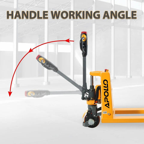 Heavy Duty Electric Pallet Jack Truck Delivering Killer Performance With Rock Solid 3300 Pound Capacity Plus Fast Charge Lithium Battery showing handle working angle