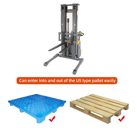 Straight Up Powerhouse Full Electric Walkie Pallet Stacker With Rock Solid Straddle Legs For Smooth 220 Inch Lift Height And Zero Sweat 3300 Pound Capacity Load Handling next to a blue pallet and wooden pallet.