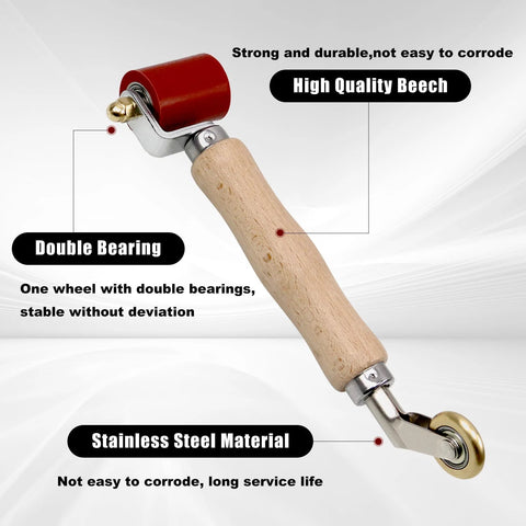 Seam roller tool with wooden handle, red 40mm silicone roller and brass 6mm penny detail (front view)
