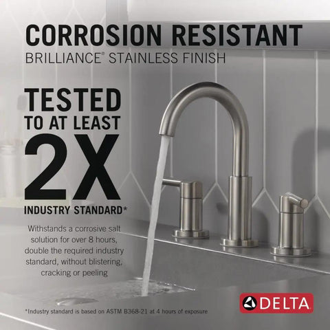 Sleek Brushed Nickel Vanity Faucet Eight Inch Widespread Layout Featuring Smart Quick Connect Lines For Hassle Free DIY Install With Push Pop Drain And Rock Solid Stainless Steel Construction.