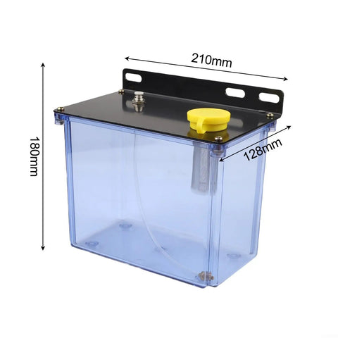 Heavy Duty 3L CNC Lubrication Water Box With Integrated Filter For Lathe Milling Drill Machines, transparent plastic tank with dimensions.