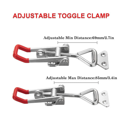 Beefy Heavy Duty Toggle Latch Clamp 4002 Style adjustable view with red handle showing min 2.7in and max 3.4in distances