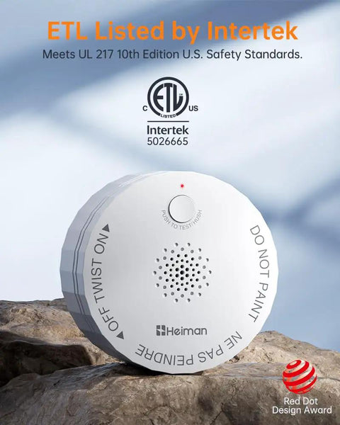Sleek Wireless Smoke Detectors Three Pack Delivering Decade Long Protection And Seamless Radio Frequency Linkage Offers Reliable Photoelectric Home Fire Warning For Bedrooms Hallways And Living Rooms With No Wiring Hassle. ETL listed smoke detector mounted on rock surface.