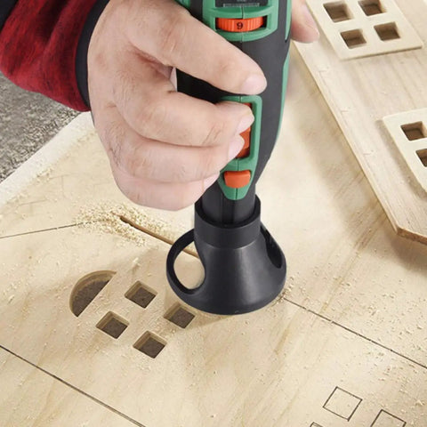 Hand using the 2 Pcs Mini Electric Grinder Locator Milling Attachment with precise positioning on wood.