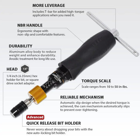 Pro Grade Precision Torque Screwdriver 10 To 50 Inch-Pounds with Quick Release, T-Handle, Hex Bit Holder, and Scale Details