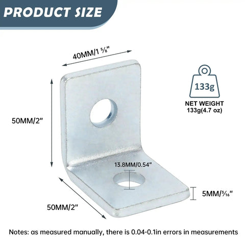 Heavy Duty 90 Degree Angle Connectors For 1 5 8 Inch Strut Channels, beefy two hole L brackets, 5mm thick steel, 2-inch size