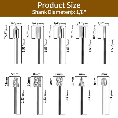 Wood Carving And Router Bits Set With Carbide Engraving Bits For Dremel Compatible Rotary Tools One Eighth Inch Shank Sizes