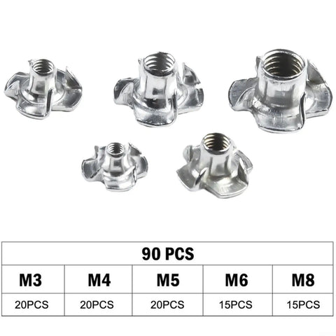 Image of 90 Piece Four Prong Tee Nuts Zinc Plated for M3 M5 M6 M8 Threaded Fasteners set, showing different nut sizes.
