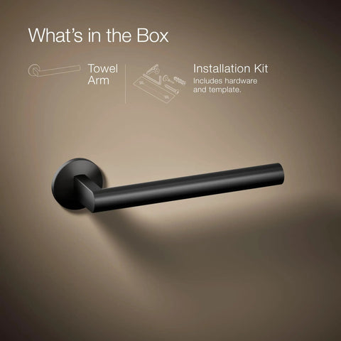 Components Towel Arm, Premium Metal Bath Accessory With Open Ended Design For Easy Towel Access shown in matte black.