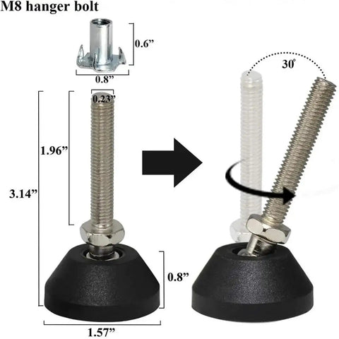 4 Pieces Adjustable Furniture Leveling Feet Swivel 40xM8x50mm With Screws diagram showing M8 hanger bolt dimensions