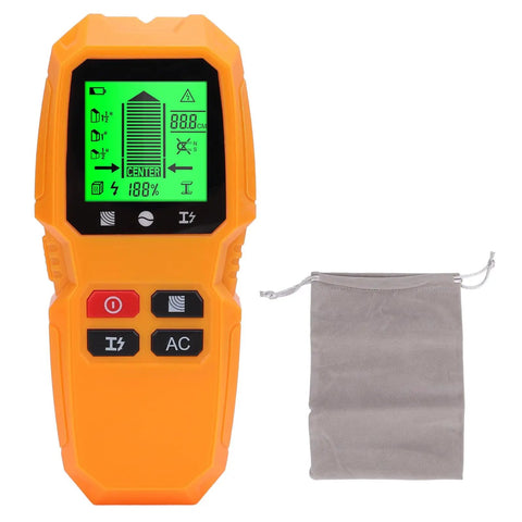Phefop Wall Scanner Stud Finder 5 in 1 with LCD Display for Cable Metal, orange device with LCD screen and carrying pouch.