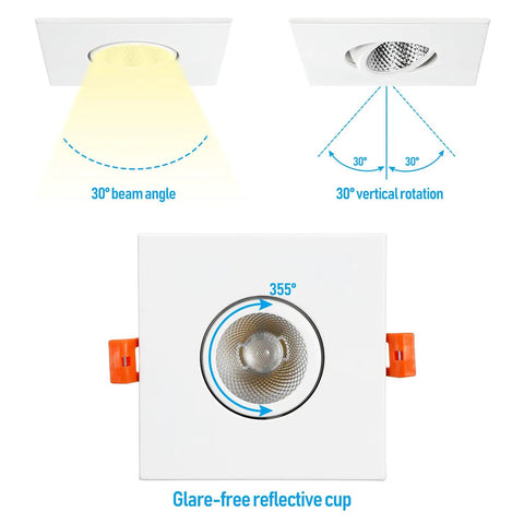 Diagram showing the Three Inch Gimbal LED Recessed Light With Junction Box Pack Of 6, 7W Canless Dimmable Square Ceiling Light, 30° rotation and beam angle.