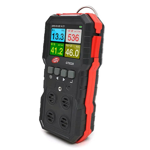 Portable 4 In 1 Gas Detector For O2 H2S CO And Combustible Gas Content With Easy Readouts Great For Industrial Safety And Site Checks Battery Powered And Ready To Use On The Go, shown in a rugged black and red casing with digital display
