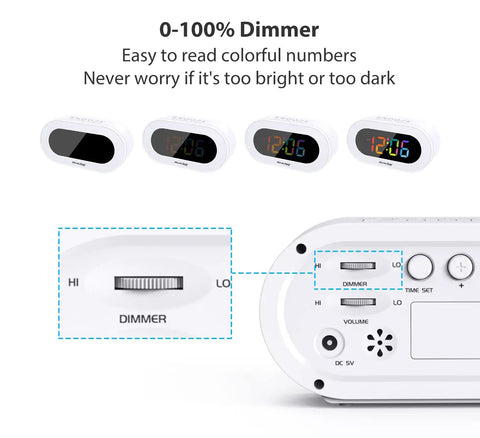 Snazzy Compact Colorful LED Digital Alarm Clock With Adjustable Brightness Dimmer showing colorful numbers and dimmer switch.