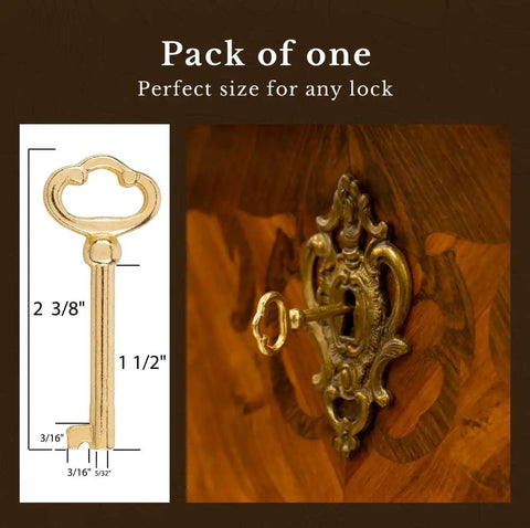 Totally Authentic Hollow Barrel Skeleton Key With Glossy Brass Plating And Heavy Duty Zinc Core in lock, dimensions shown.