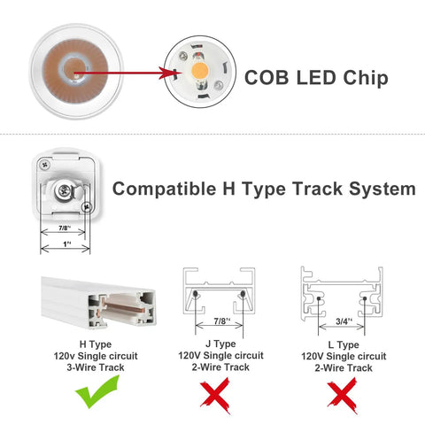 Diagram showing Arcfox Slick H Type LED Track Light Head 9W 3000K Warm White ETL Dimmable compatibility with H-type track system.