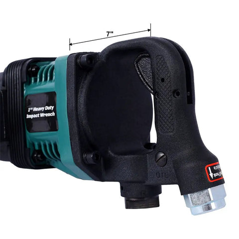 Badass 1 Inch Pneumatic Impact Wrench 1900 Ft Lbs Max Torque 4000 Rpm Free Speed side view with 7 inch gauge.