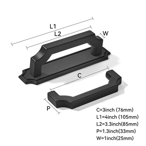 Matte Black Cabinet Pulls With Backplate 5 Pack 3 Inch Hole Centers 4 Inch Overall Length 1 Inch Diameter 1.3 Inch Projection