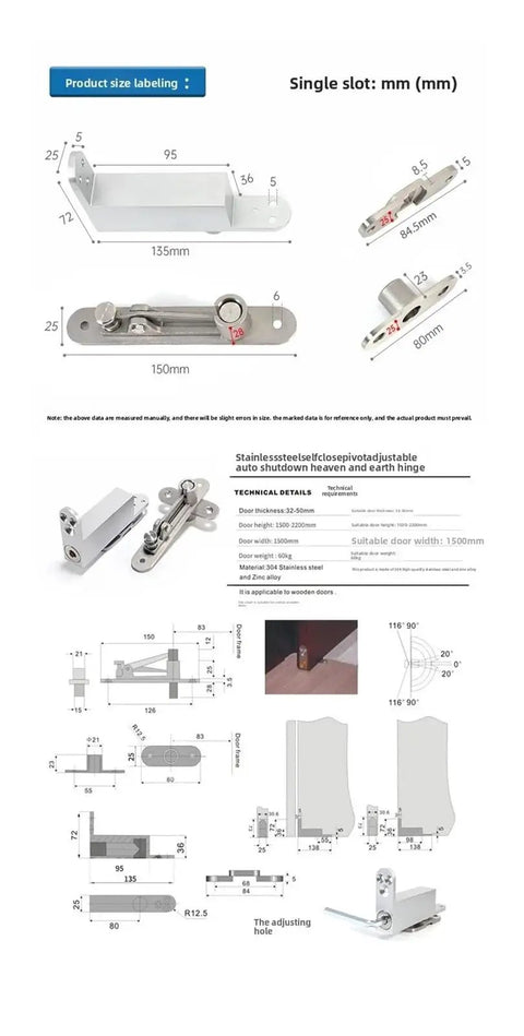 Heavy Duty Concealed 360 Degree Hydraulic 3 Way Door Closer specifications with dimensions and details for installation.