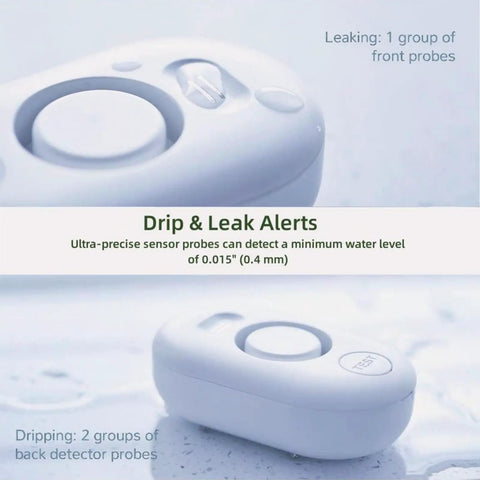 Close-up of Leak Alert Sensor showing probes for home and basement water leak alarm, highlighting advanced drip detection.