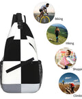Unisex Black And White Piano Key Grid Print Fanny Pack Adjustable Crossbody Chest Bag shown with activities like biking and hiking.