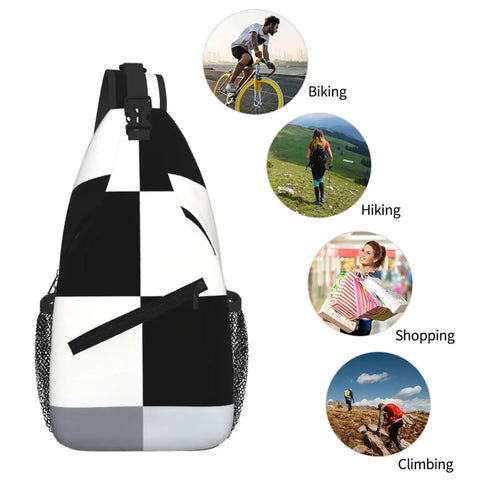 Unisex Black And White Piano Key Grid Print Fanny Pack Adjustable Crossbody Chest Bag shown with activities like biking and hiking.